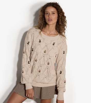 Apricot Stone Pointelle Knit Floral Embroidered Jumper