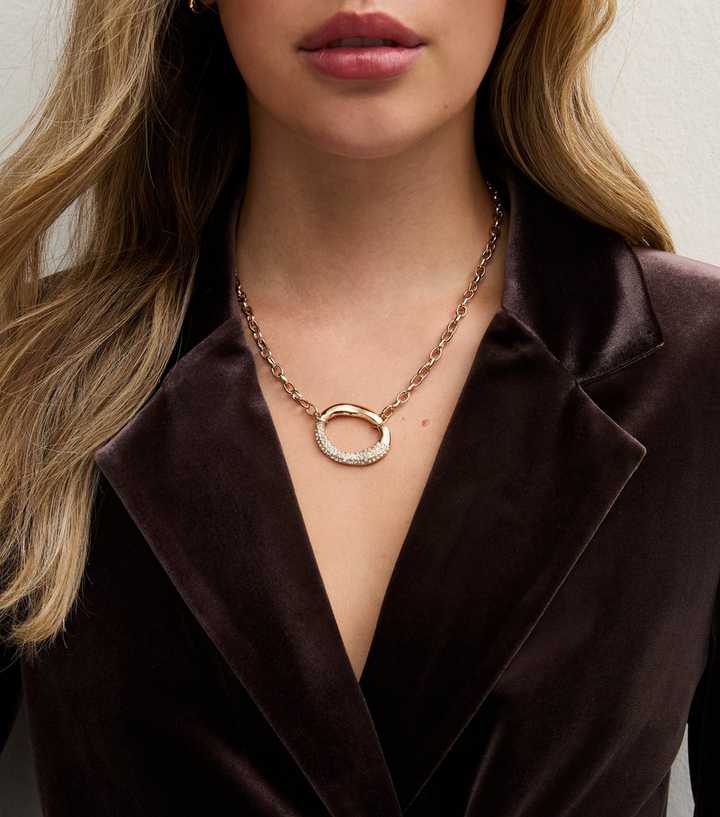 Gold Tone Oval Diamante Pendant Chain Necklace