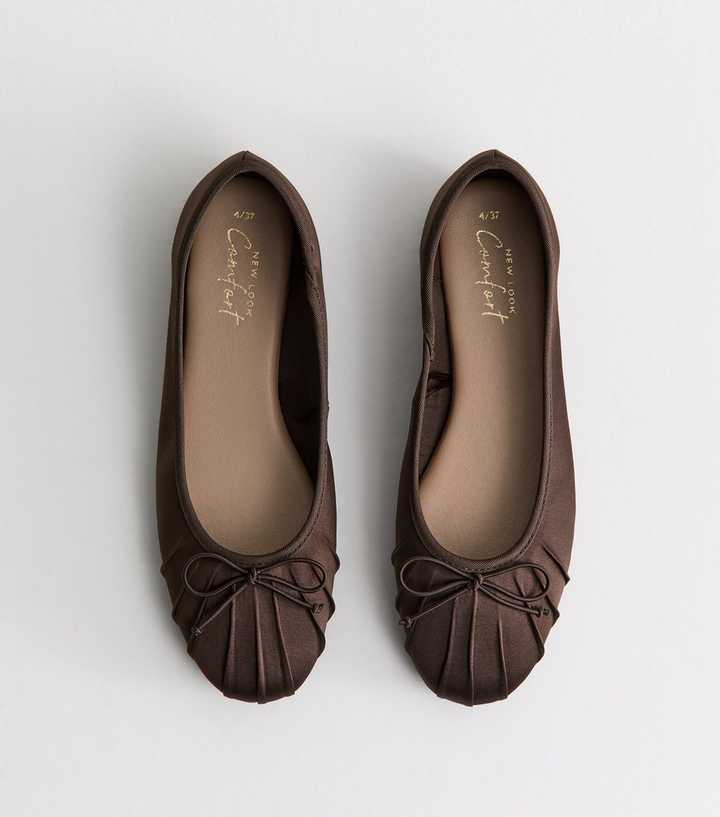 Dark Brown Satin Ruched Toe Ballet Pumps