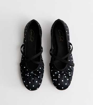 Black Satin Polka Dot Cross Strap Ballet Pumps