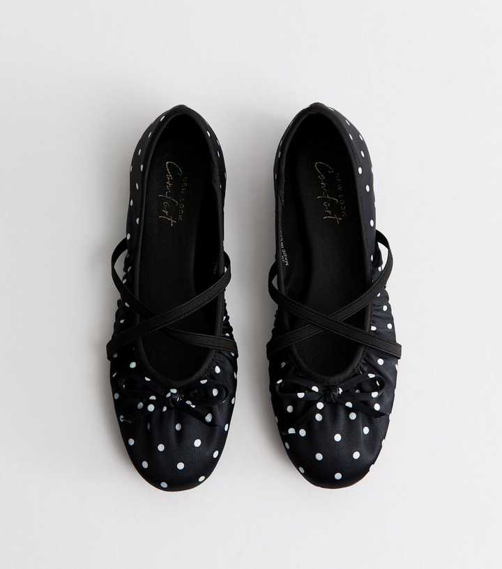 Black Satin Polka Dot Cross Strap Ballet Pumps