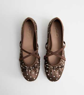 Brown Satin Polka Dot Cross Strap Ballet Pumps