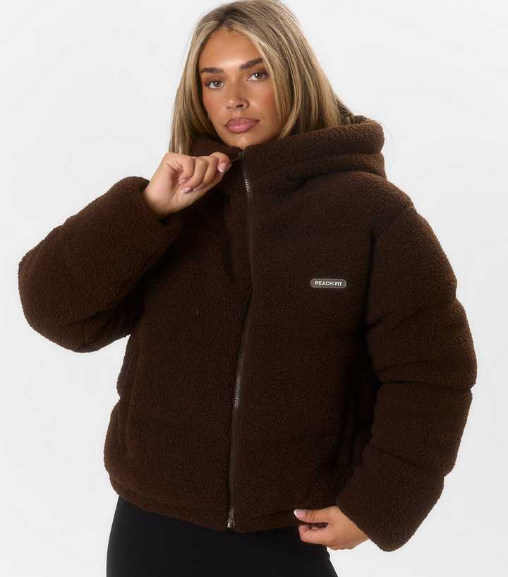 Peach:Fit Dark Brown Brielle Borg Texture Bomber Jacket