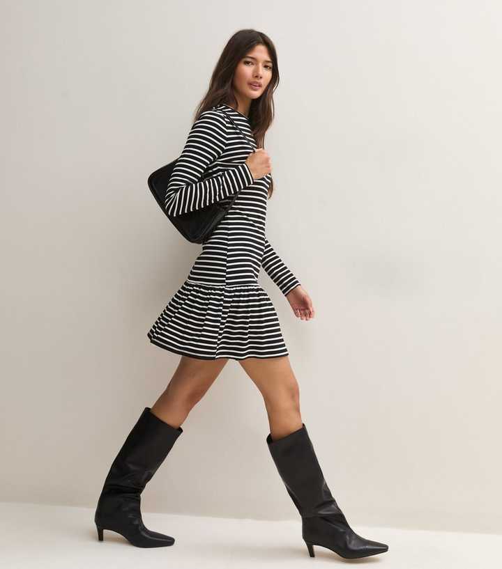 Black Long Sleeve Jersey Striped Frill Hem Mini Dress