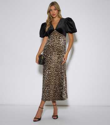 Gini London Black Leopard Print Puff Sleeve Midi Dress