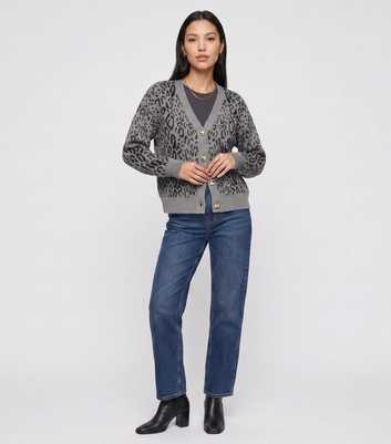 Gini London Grey Leopard Print V-Neck Long Sleeve Cardigan