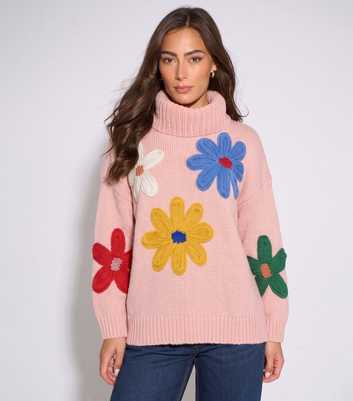 Gini London Pink Floral Applique Roll Neck Jumper