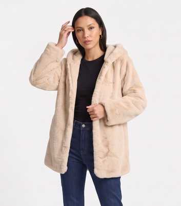 Gini London Cream Hooded Long Sleeve Faux Fur Jacket