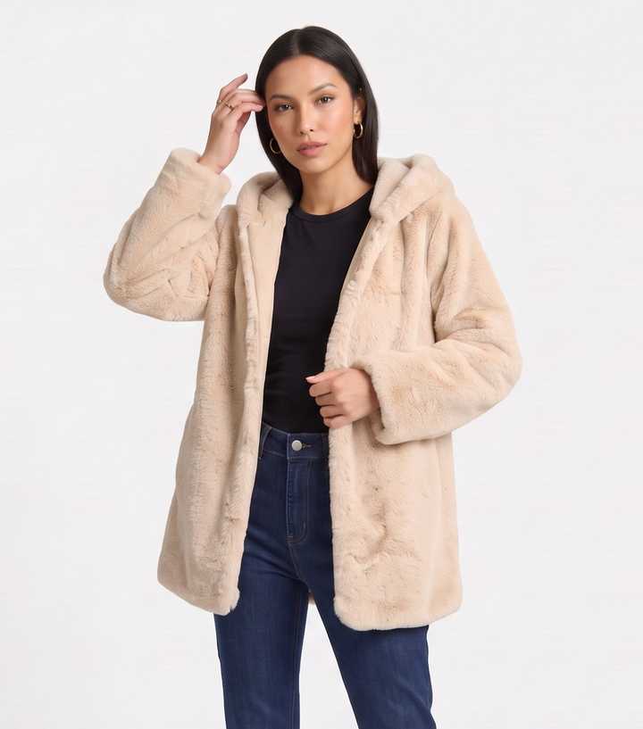 Gini London Cream Hooded Long Sleeve Faux Fur Jacket