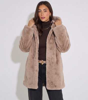Gini London Dark Brown Hooded Long Sleeve Faux Fur Jacket