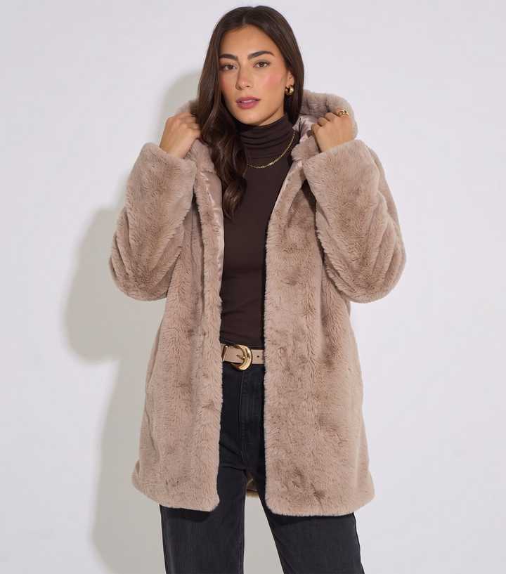 Gini London Dark Brown Hooded Long Sleeve Faux Fur Jacket