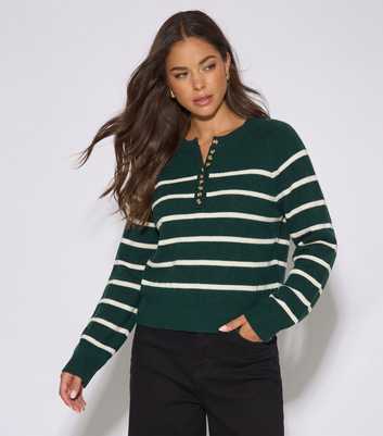 Gini London Dark Green Horizontal Stripe Buttoned Jumper