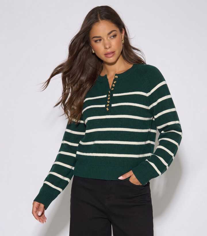 Gini London Dark Green Horizontal Stripe Buttoned Jumper