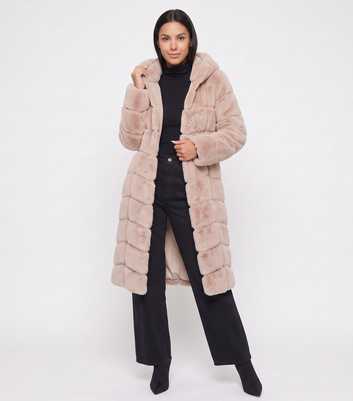Gini London Light Pink Panelled Longline Faux Fur Coat