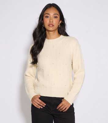 Gini London Cream Faux Pearl Embellished Knitted Jumper