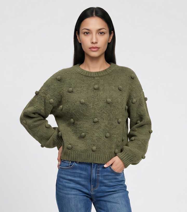 Gini London Dark Green Oversize Bobble Knit Jumper with Wool