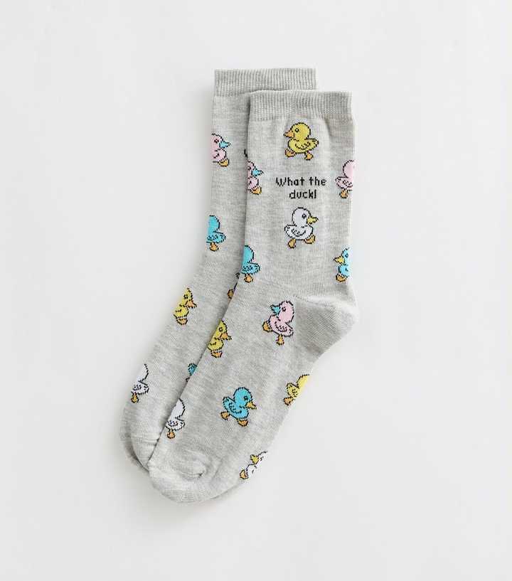 Grey Cotton Rich What The Duck Slogan Ankle Socks