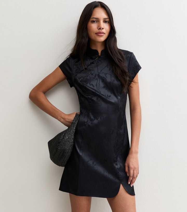 Black Floral Satin Mandarin Collar Mini Dress