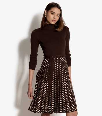 Apricot Brown Ribbed Polka Dot Pleated Mini Dress