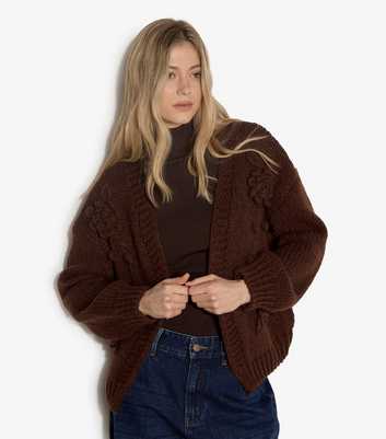 Apricot Dark Brown Floral Open Cardigan