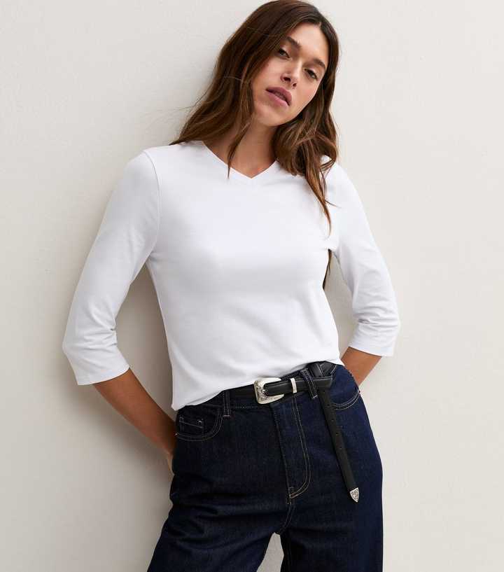 White Cotton Rich 3/4 Length Sleeve V Neck Top