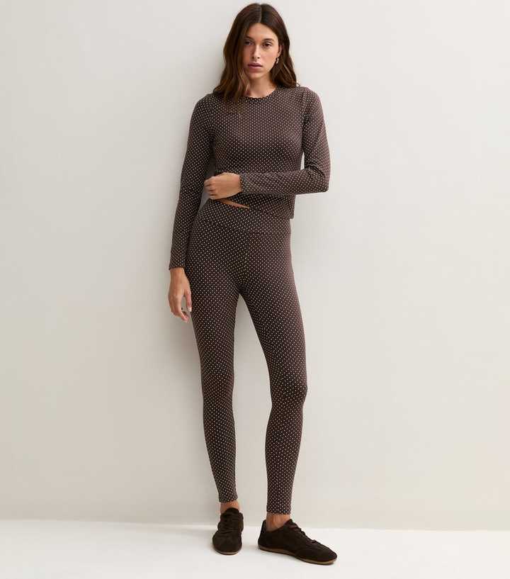 Brown Cotton Rich Polka Dot High Waist Leggings