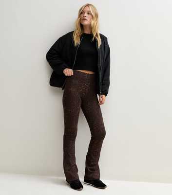 Brown Cotton Rich Leopard Print High Waist Kick Flare Leggings