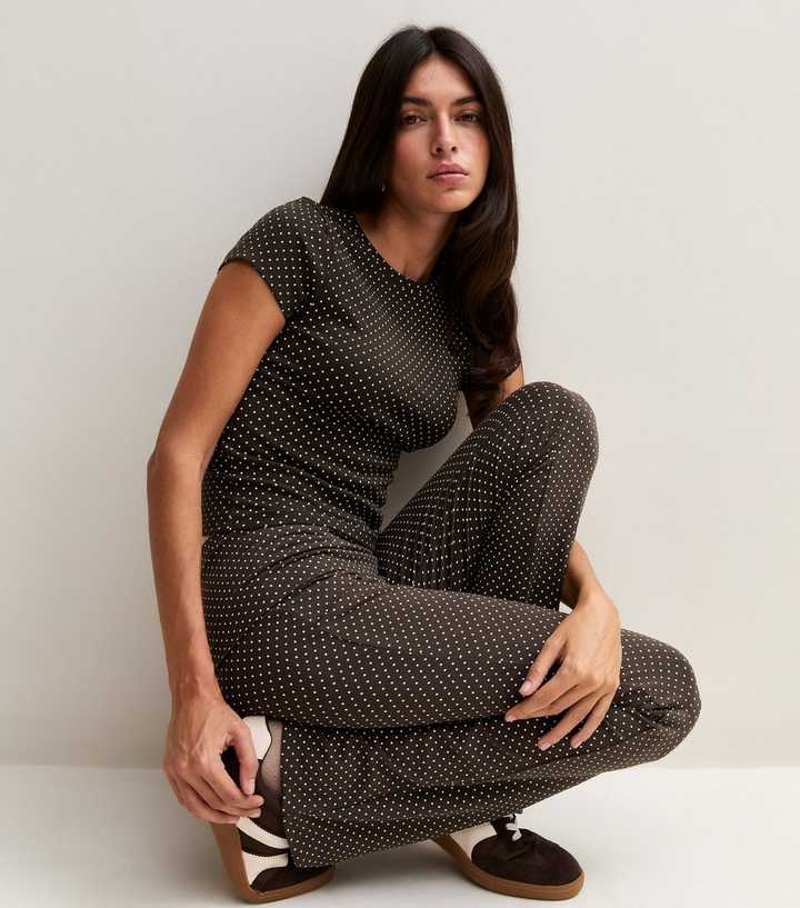 Brown Cotton Rich Spot Print High Foldover Waist Kick Flare Leggings