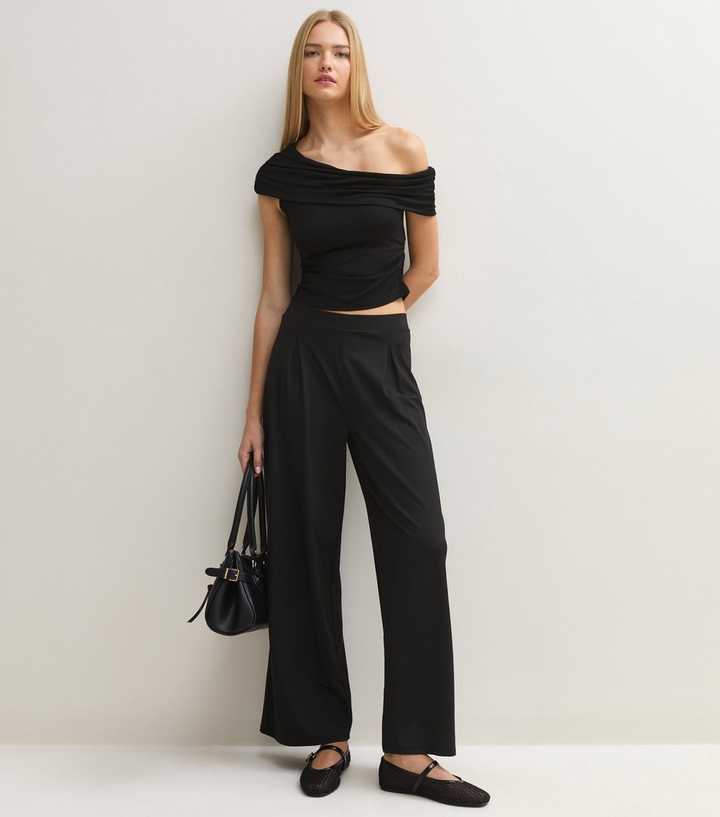 Black Slinky Front Pleat Wide Leg Trousers