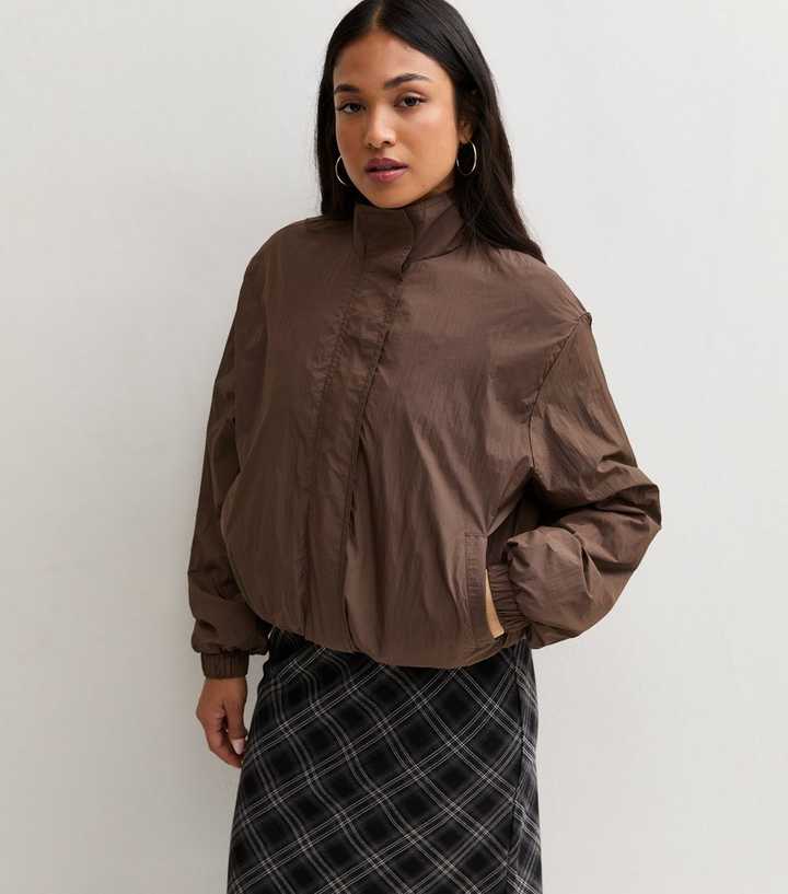 Petite Dark Brown Bubble Hem High Neck Jacket