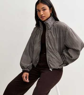Petite Brown Check Pattern Balloon Sleeves Zip Front Jacket