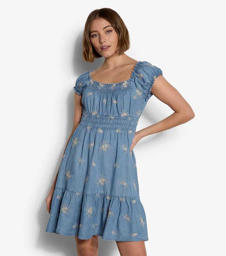 Apricot Blue Floral Embroidered Milkmaid Dress