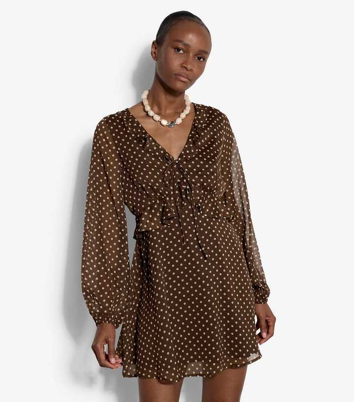 Apricot Brown Polka Dot Mini Dress