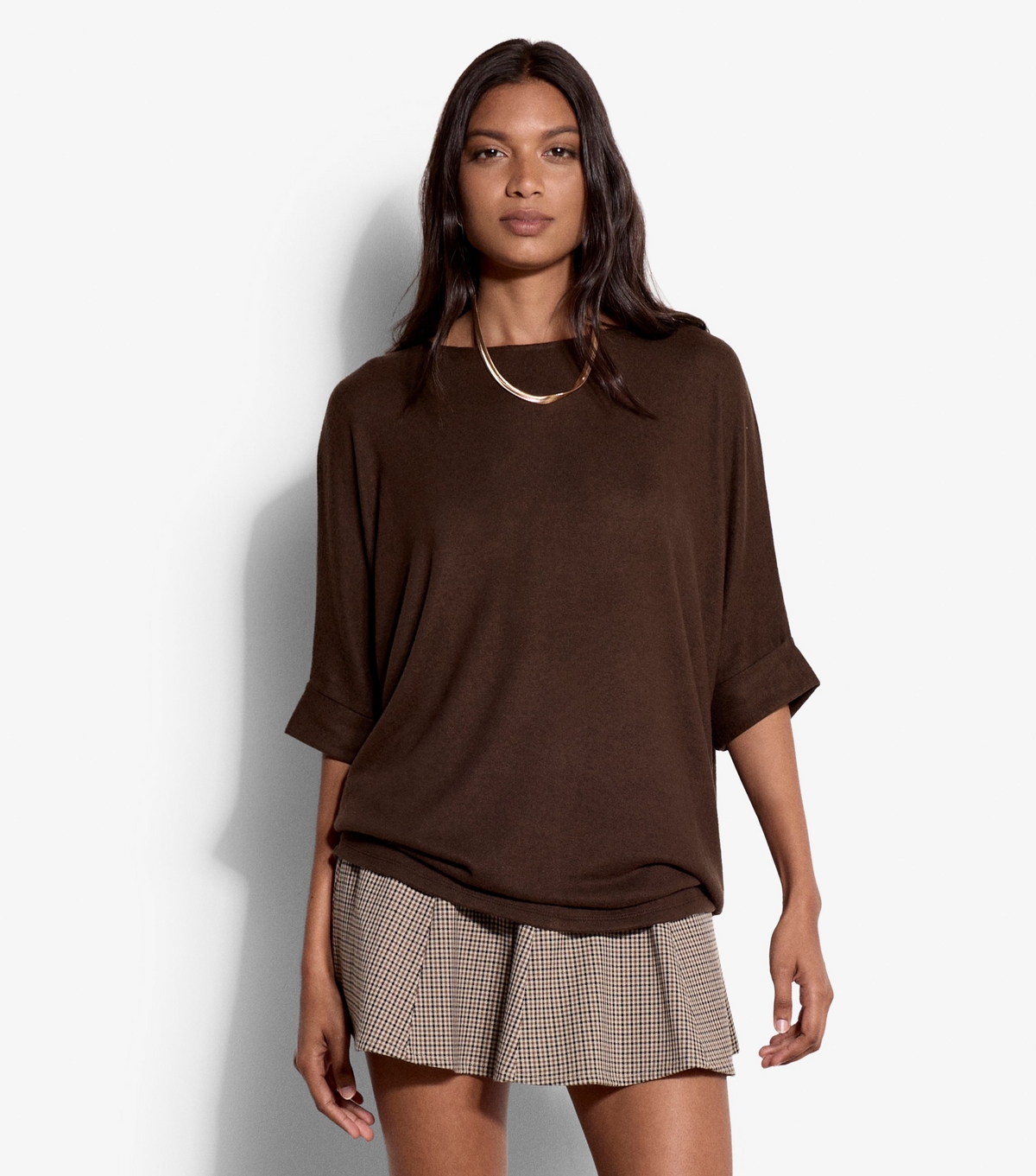 Women's Dark Brown Turn Up Batwing Sleeve Top Apricot New Look