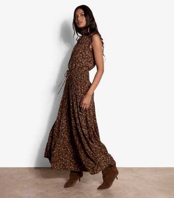 Apricot Brown Paisley Vines Print Maxi Skirt