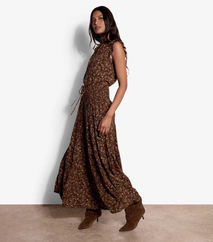 Apricot Brown Paisley Vines Print Maxi Skirt