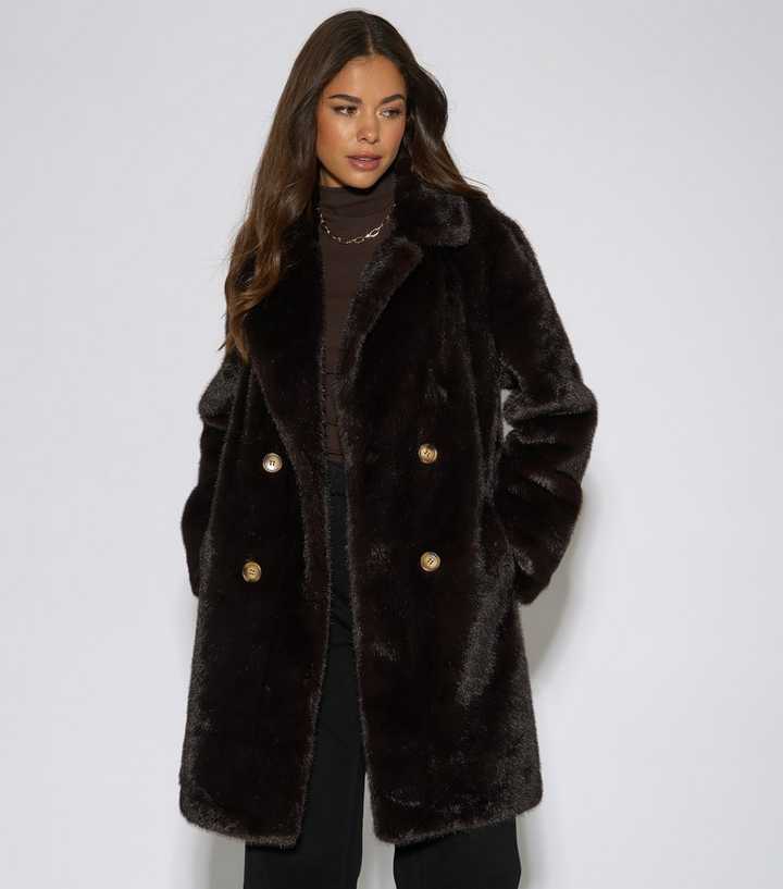 Gini London Dark Brown Faux Fur Double Breasted Coat