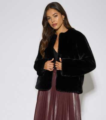 Gini London Black Faux Fur Collarless Short Jacket