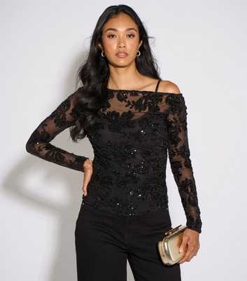Gini London Black Sequin Floral Off the Shoulder Top