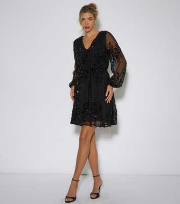 Gini London Black Sequin Floral V Neck Mini Dress