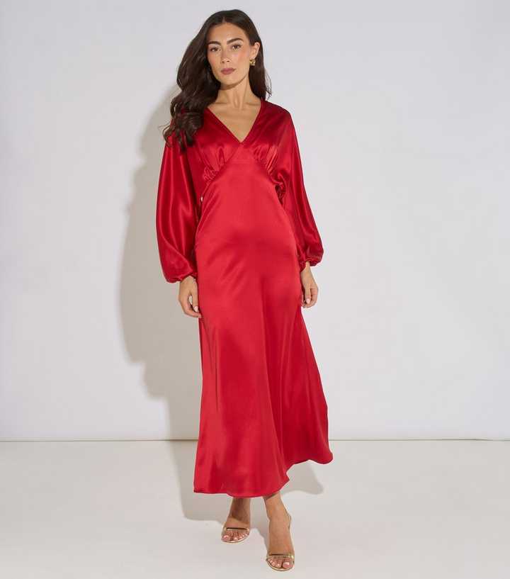 Gini London Dark Red Satin Batwing Midaxi Dress