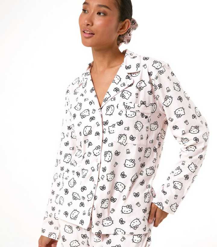 Skinnydip White Cotton Hello Kitty Print Shirt and Trousers Pyjama Set With Scrunchie