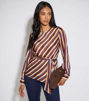 Gini London Brown Metallic Striped Belted Blouse