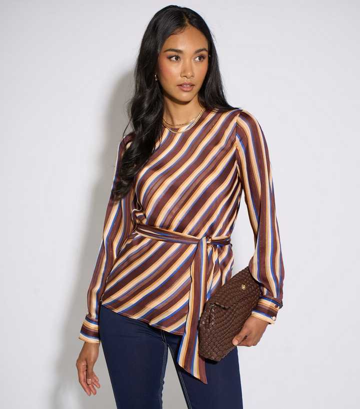 Gini London Brown Metallic Striped Belted Blouse