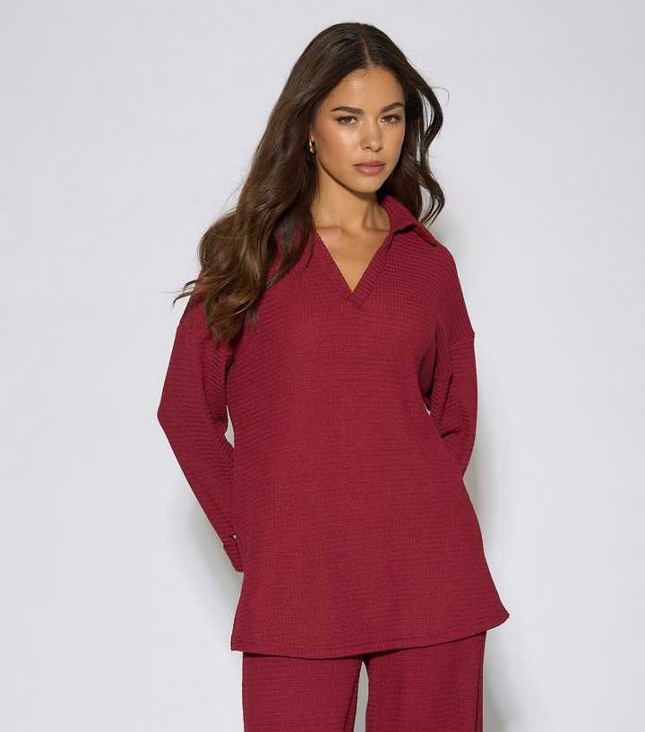 Gini London Dark Red Textured V-Neck Top