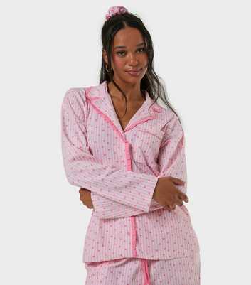 Skinnydip Bright Pink Heart Print Shirt and Trousers Pyjama Set With A Scrunchie