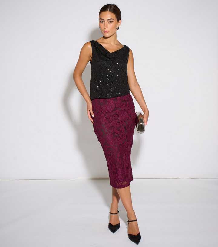 Gini London Burgundy Lace Midi Pencil Skirt