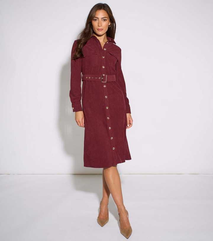 Gini London Dark Red Corduroy Belted Shirt Midi Dress