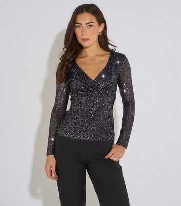 Gini London Gunmetal Long Sleeve Sequin Embellished Top