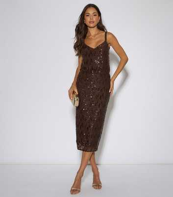 Gini London Dark Brown Sequin Pencil Midi Skirt